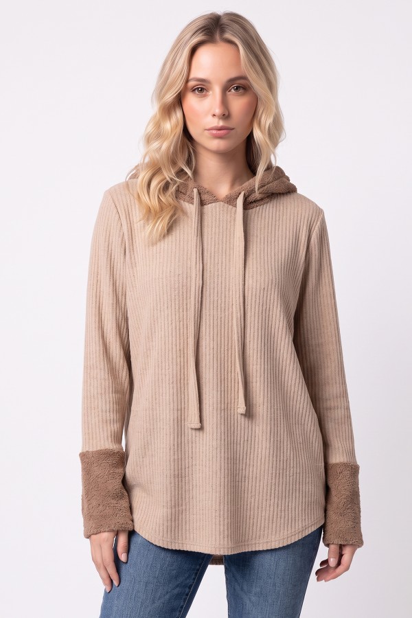 T6497 / 7th Ray<br/>TEXTURED FAUX SHERPA COLLAR HOODED TOP