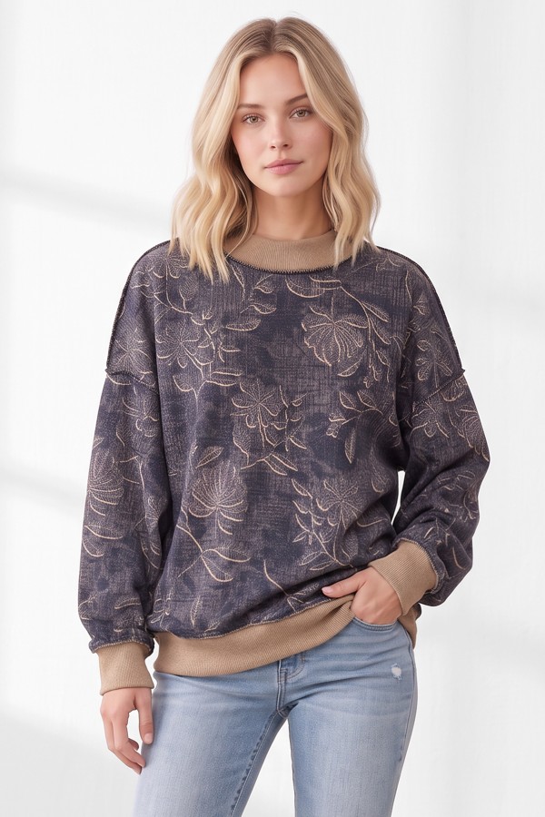 T6500 / 7th Ray<br/>FLORAL TEXTURED CONTRAST RIBBED SWEATER