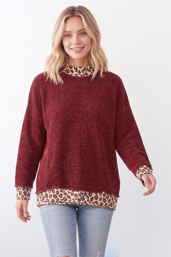 T6503 / 7th Ray<br/>LEOPARD PRINT CONTRAST TEXTURED KNIT TOP