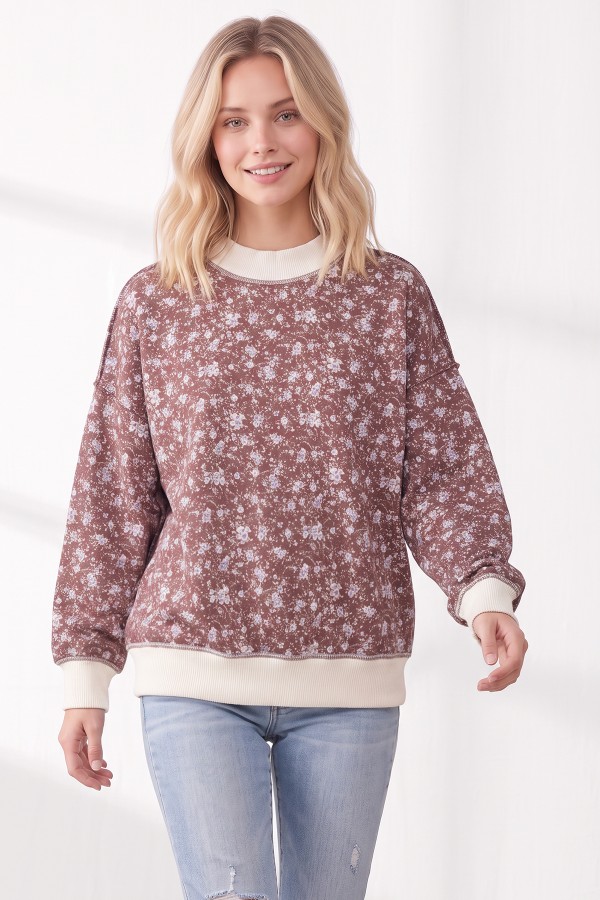 T6507 / 7th Ray<br/>FLORAL PRINT RIBBED CONTRAST SWEATSHIRT