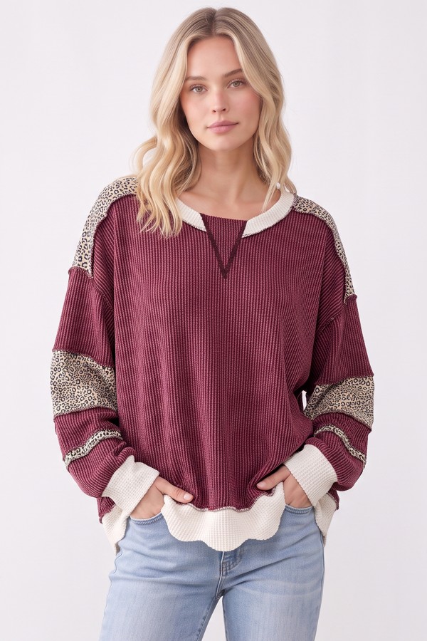 T6508 / 7th Ray<br/>LEOPARD PRINT CONTRAST RIBBED SWEATSHIRT