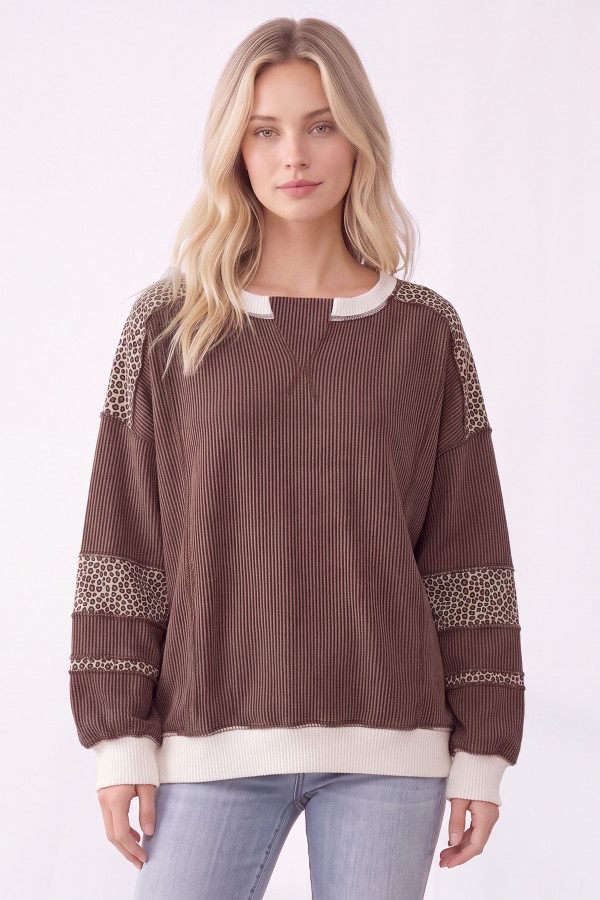 T6508XL / 7th Ray<br/>PLUS LEOPARD PRINT CONTRAST RIBBED SWEATSHIRT