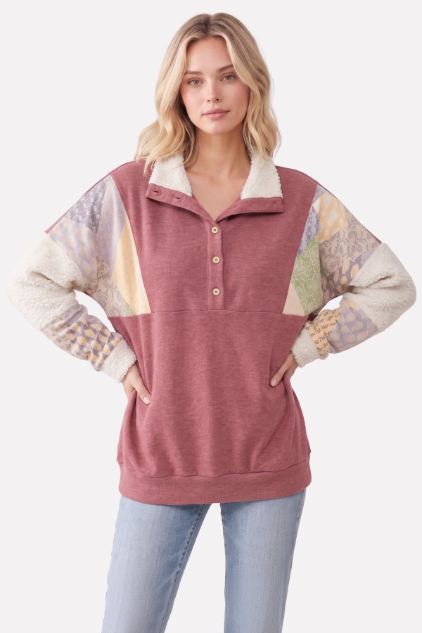 T6509 / 7th Ray<br/>PATCHWORK CONTRAST BUTTON-UP SWEATSHIRT