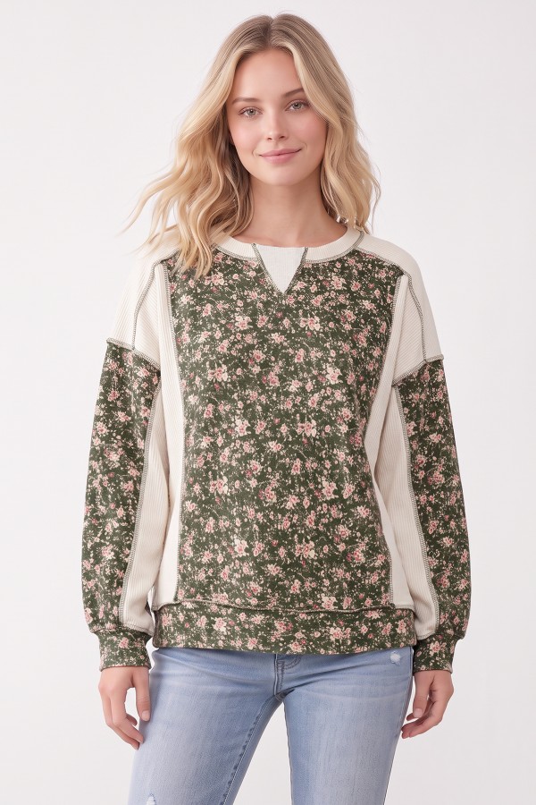 T6512 / 7th Ray<br/>FLORAL PRINT CONTRAST RIBBED SWEATSHIRT
