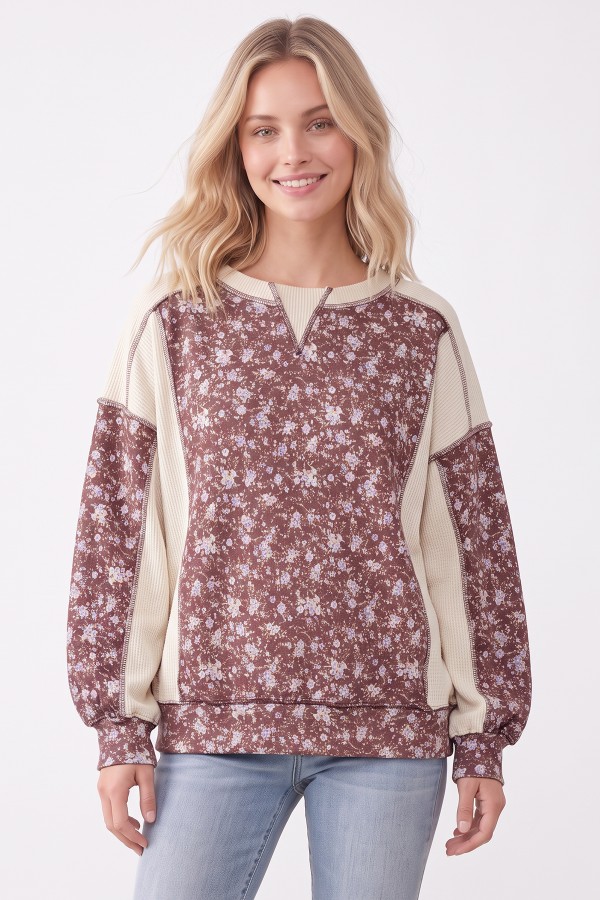 T6512XL / 7th Ray<br/>PLUS FLORAL PRINT CONTRAST RIBBED SWEATSHIRT