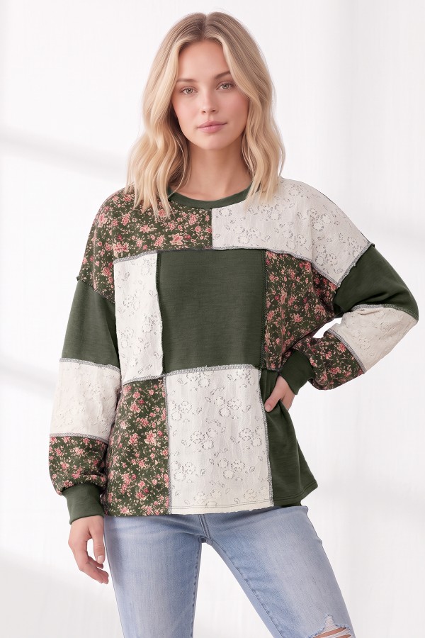 T6513 / 7th Ray<br/>FLORAL & LACE PATCHWORK COLOR BLOCK TOP