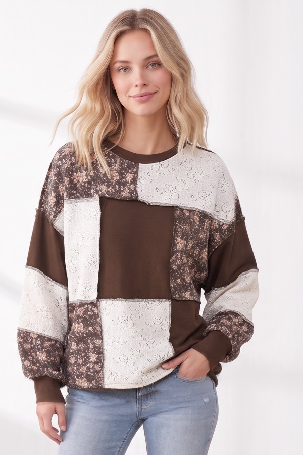 T6513XL / 7th Ray<br/>PLUS FLORAL & LACE PATCHWORK COLOR BLOCK TOP
