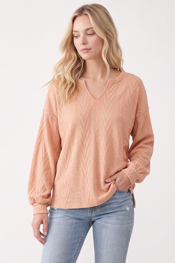 T6518 / 7th Ray<br/>TEXTURED V-NECK BALLOON SLEEVE SWEATER