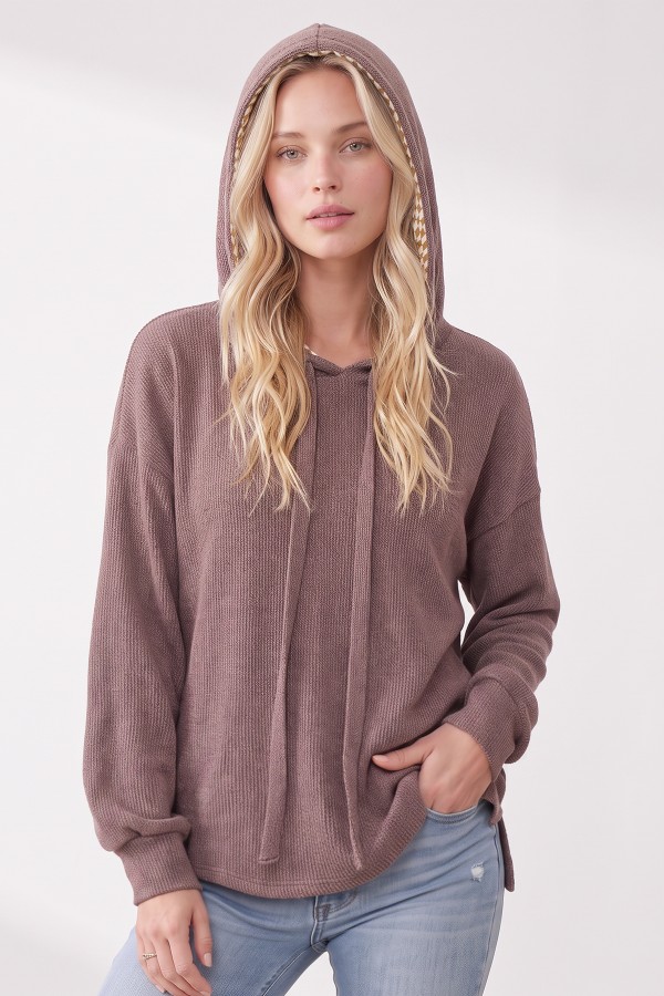 T6519 / 7th Ray<br/>CONTRAST PRINT LINED HOODED SWEATER
