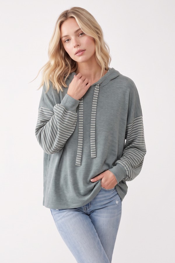 T6521 / 7th Ray<br/>STRIPED SLEEVE HOODED SWEATSHIRT