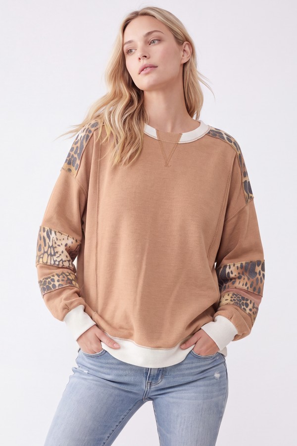 T6526 / 7th Ray<br/>LEOPARD CONTRAST PANEL FRENCH TERRY PULLOVER
