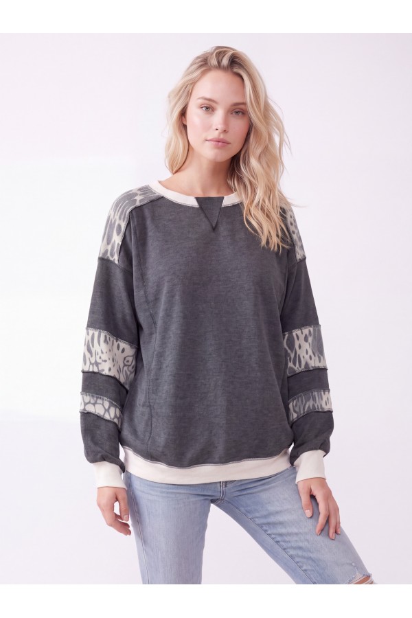 T6526XL / 7th Ray<br/>PLUS LEOPARD CONTRAST PANEL FRENCH TERRY PULLOVER