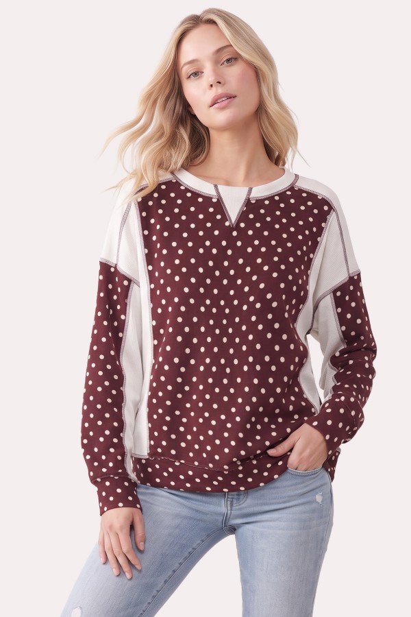 T6527 / 7th Ray<br/>POLKA DOT CONTRAST PANEL LONG SLEEVE TOP