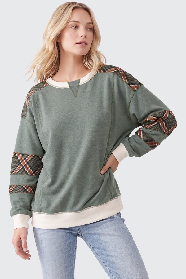 T6529 / 7th Ray<br/>PLAID CONTRAST SLEEVE OVERSIZED PULLOVER