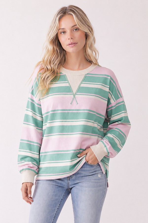T6531 / 7th Ray<br/>MULTI-STRIPE CONTRAST TRIM RELAXED PULLOVER