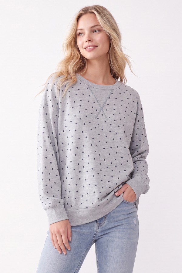 T6534 / 7th Ray<br/>POLKA DOT CONTRAST TRIM LONG SLEEVE TOP