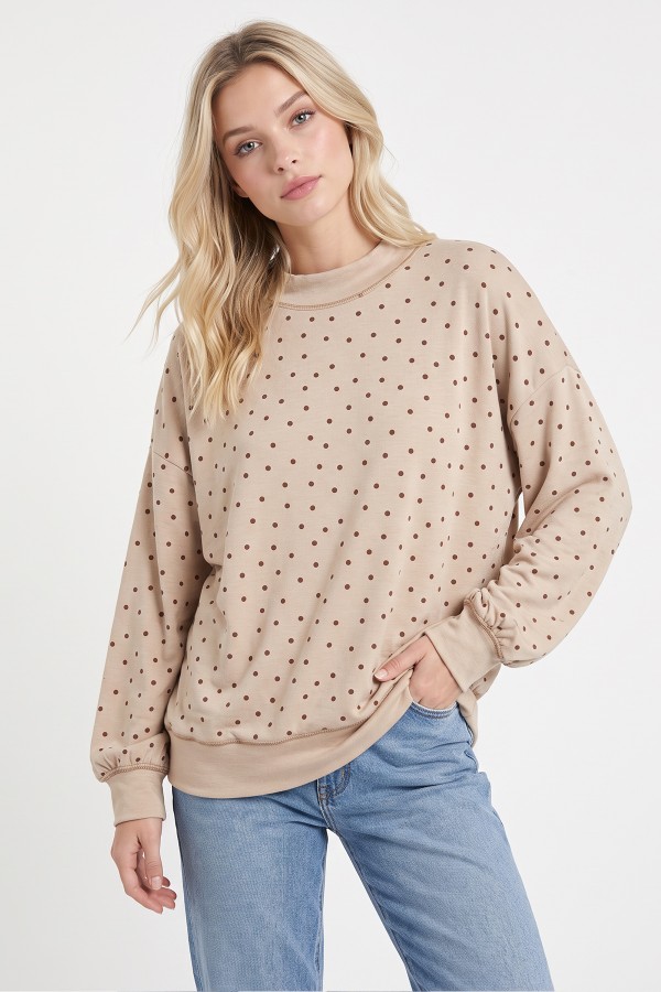 T6535 / 7th Ray<br/>POLKA DOT MOCK NECK CONTRAST STITCH TOP