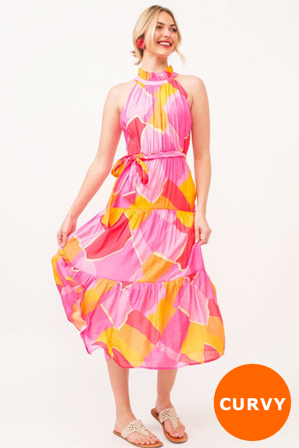 FA2041P / LIME N CHILI<br/>Print woven halter neck tie maxi dress