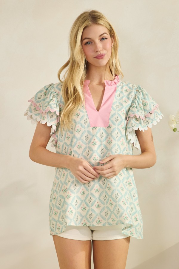 FA2193 / LIME N CHILI<br/>Geometric floral print top with ruffle sleeves and contrast pink bib detail
