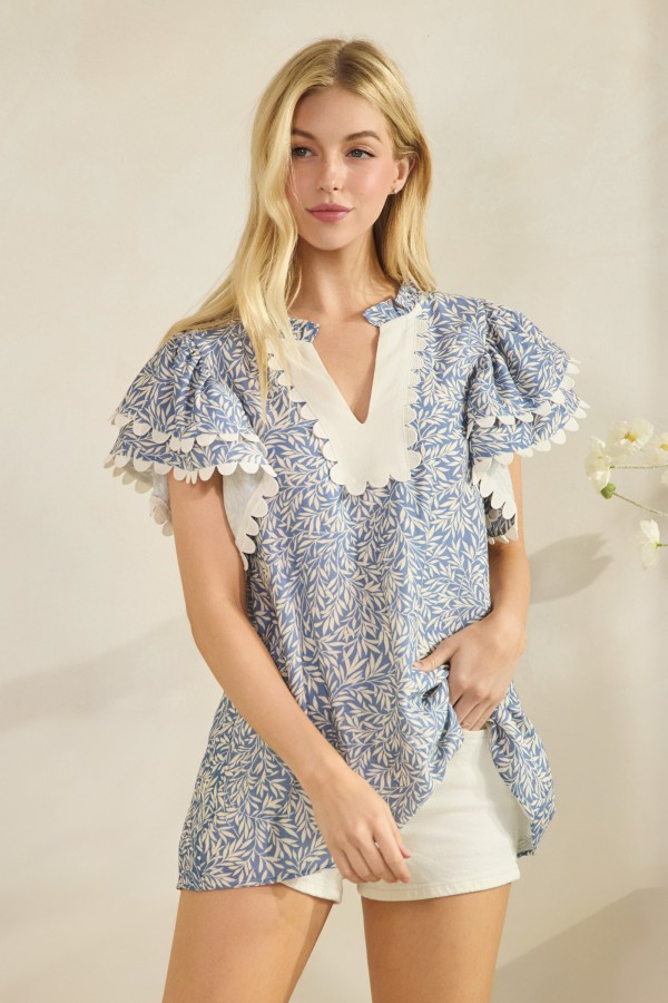 FA2194 / LIME N CHILI<br/>Leaf print top with layered ruffle sleeves