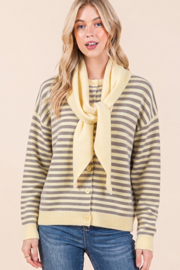FA2234 / LIME N CHILI<br/>Striped knit cardigan with scarf accessory