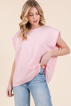 HS1240(2-2-2) / LIME N CHILI<br/>Textured Solid Muscle Sleeve Top-Pink