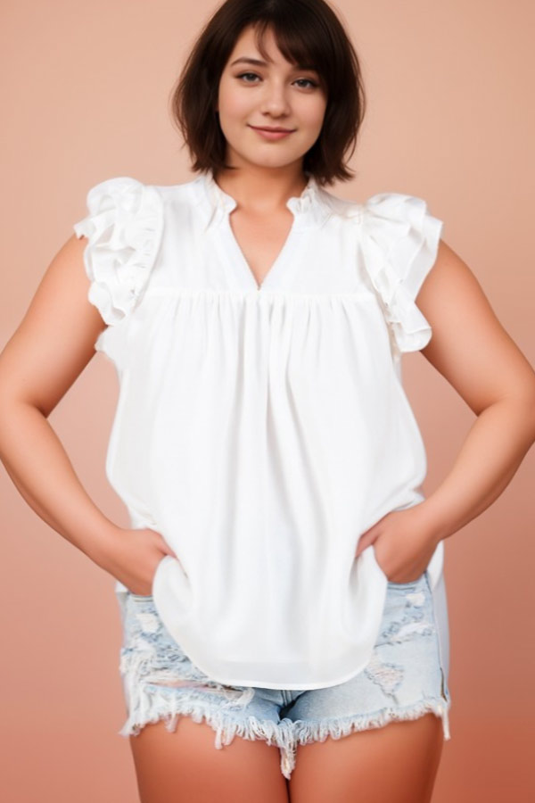 HS1247P / LIME N CHILI<br/>WOOL DOBBY RUFFLED SLEEVE V NECK BLOUSE