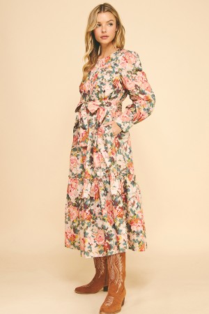 MD51953 / LIME N CHILI<br/>Floral print maxi dress with waist tie and tiered skirt.