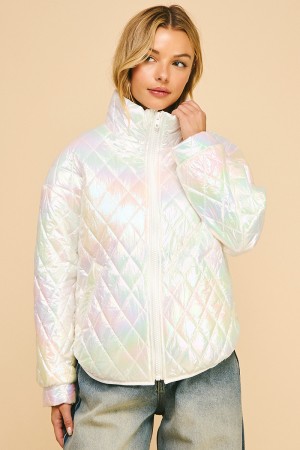 MJ51023 / LIME N CHILI<br/>Quilted puffer jacket with iridescent finish and zip-front closure.