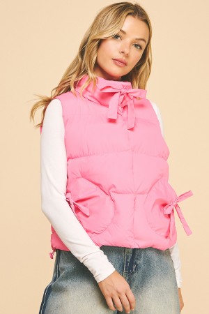 MJ51032 / LIME N CHILI<br/>Puffer vest with ribbon details and a soft, quilted texture