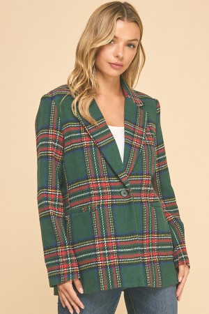 MJ52230 / LIME N CHILI<br/>Plaid blazer with single-button closure and structured fit.