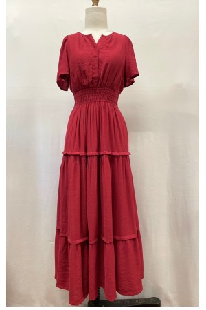 MO9861 / LIME N CHILI<br/>SOLID WAIST SMOCKING SHORT SLEEVE SNAP BUTTON NECK MAXI DRESS