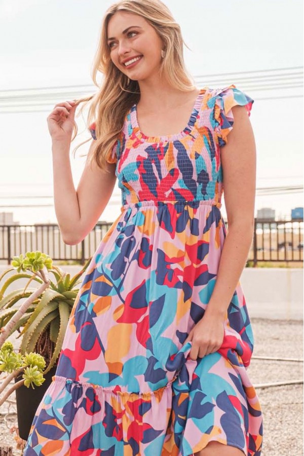 MO9892P / LIME N CHILI<br/>Printed smocked maxi dress