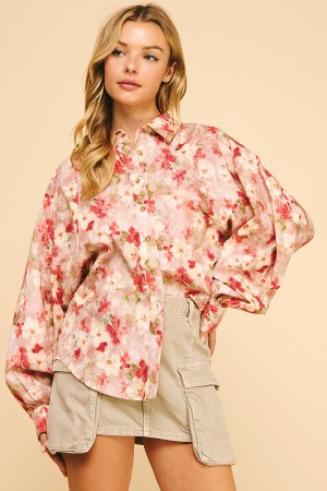 MT52057 / LIME N CHILI<br/>Button-up blouse with watercolor floral print and balloon sleeves.