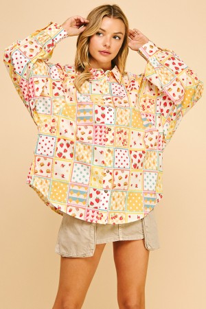 MT52063 / LIME N CHILI<br/>Button-up shirt with colorful patchwork print and oversized fit