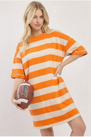 UT7077 / LIME N CHILI<br/>Over size fit casual and vibrant striped t-shirt dress with front patch pockets