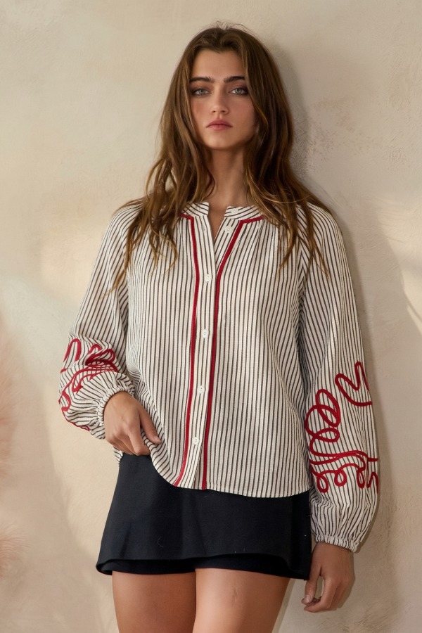 UT7085 / LIME N CHILI<br/>Fine Vertical Pinstripe Button up Blouse with cable trim