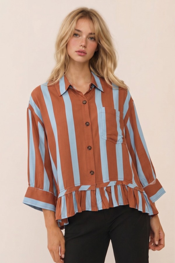 UT7091 / LIME N CHILI<br/>VERTICAL STRIPE SHIRT WITH BUTTON FRONT