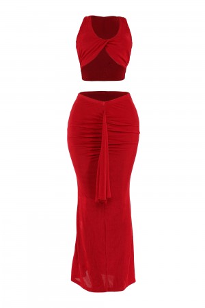 HAS9105 / K-T-O-O<br/>Twisted front crop top & ruched front drape detailed skirt set
