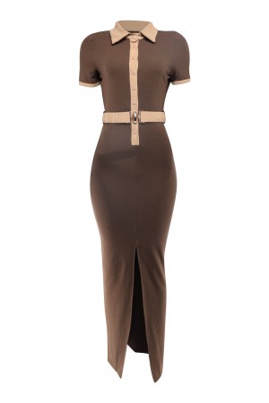 HD3664 / K-T-O-O<br/>Collared neck button down long dress with front slit