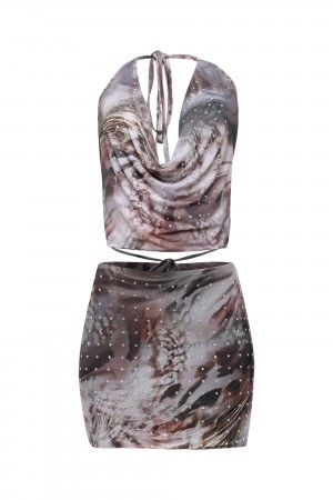 SAS3095 / K-T-O-O<br/>Printed mesh rhinestone cowl neck top & mini skirt set