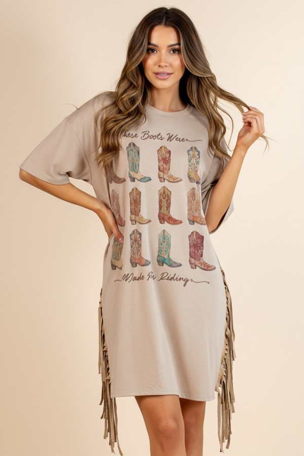 D1593-6958 / Nylon Apparel<br/>Alix Assorted Boots Print Fringed T Shirts Mini Dress