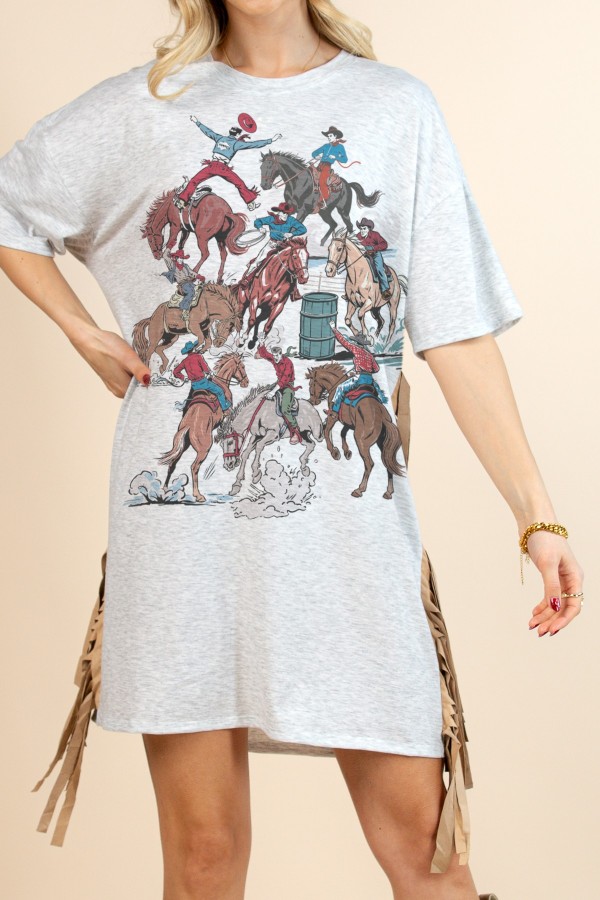 D1593-7052 / Nylon Apparel<br/>Helen Rodeo Party Western Print T Shirts Mini Dress