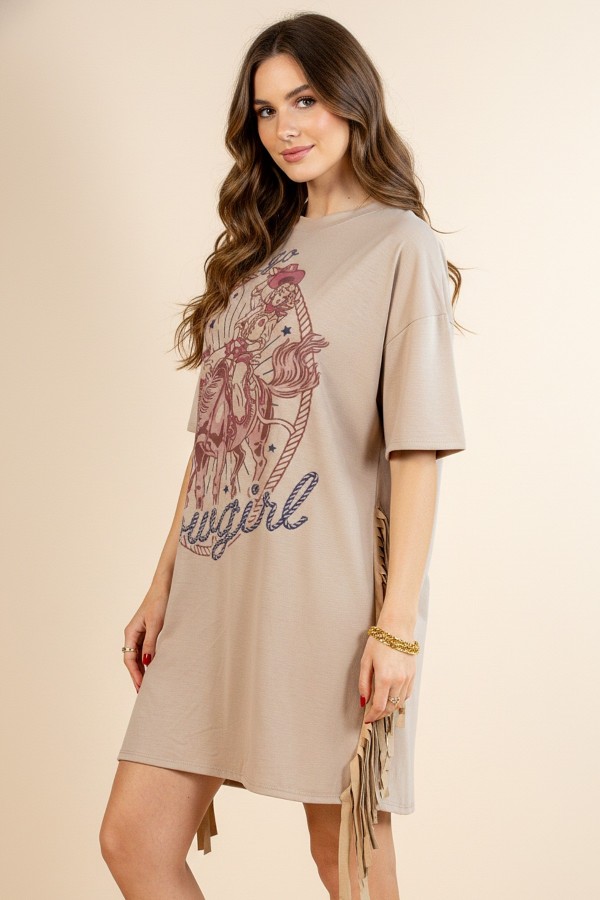 D1593-7072 / Nylon Apparel<br/>Mila Let\'s Go Cowgirl Print Fringed T Shirts Mini Dress