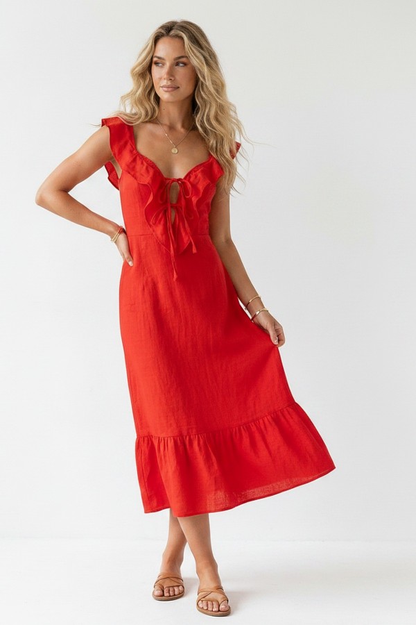 IN-26286 / Nylon Apparel<br/>Diana Italian V Neck Ruffled Linen Midi Dress