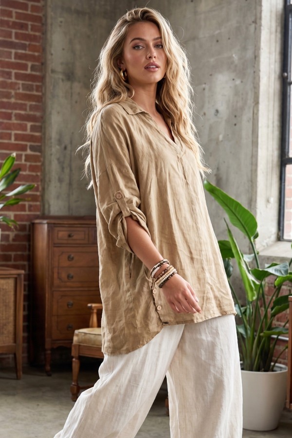 IN-83862 / Nylon Apparel<br/>Mellisa Solid Italian Linen Vacation Tunic Top