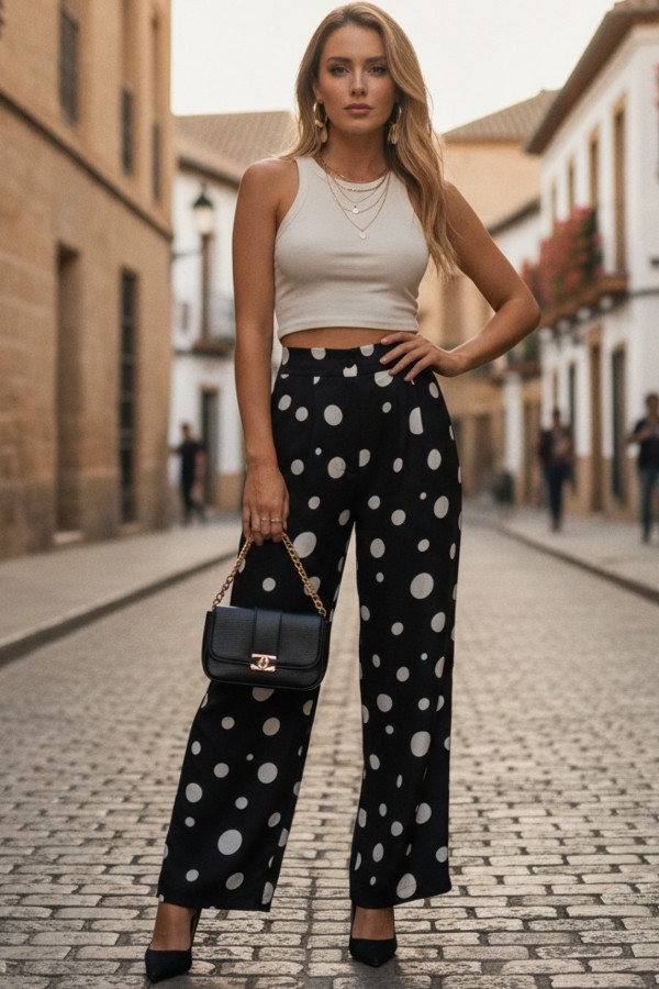 P1261-POLKA / Nylon Apparel<br/>Celina Vintage Polka Dot Print Elastic Pants