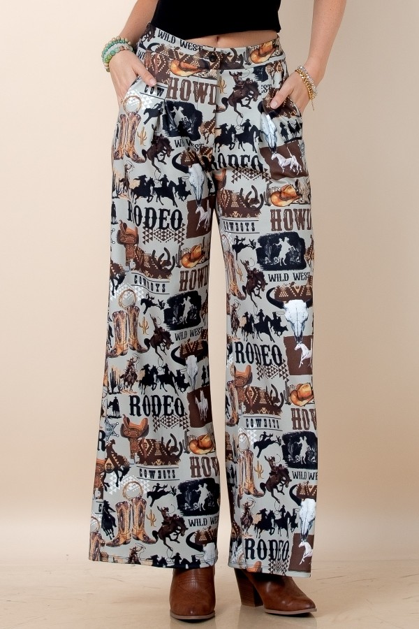P1744-6169 / Nylon Apparel<br/>Olivia Howdy Lucky Print High Waist Pants