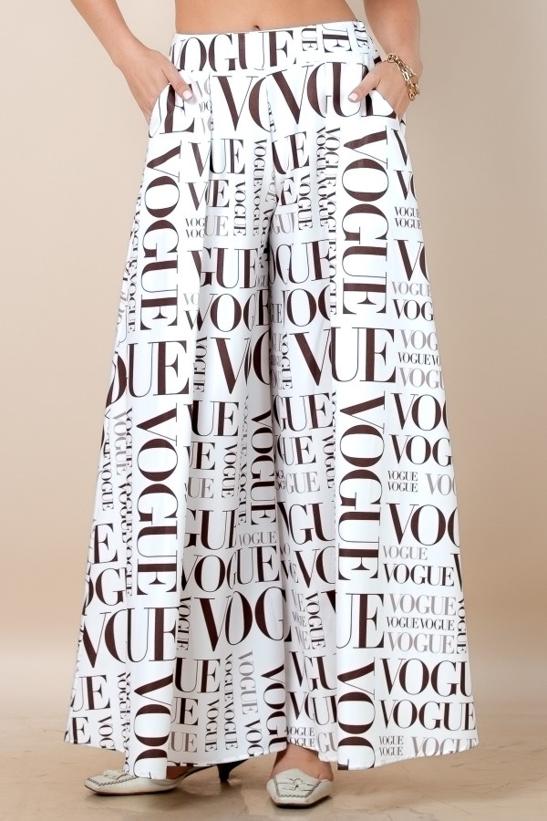 P919-2467CH / Nylon Apparel<br/>Selly Choco Letter Vogue Print Wide Leg Palazzo Pants