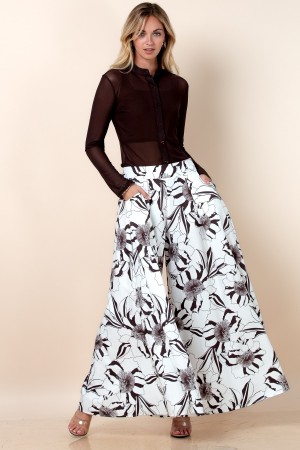 P919-6735 / Nylon Apparel<br/>Grace Camel Floral Print Wide Leg Palazzo Pants